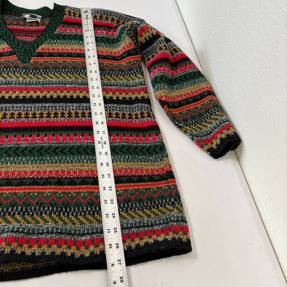 In Charge Vintage Sweater Womens L Red Green Gold Striped V Neck Holiday USA - Picture 11 of 11